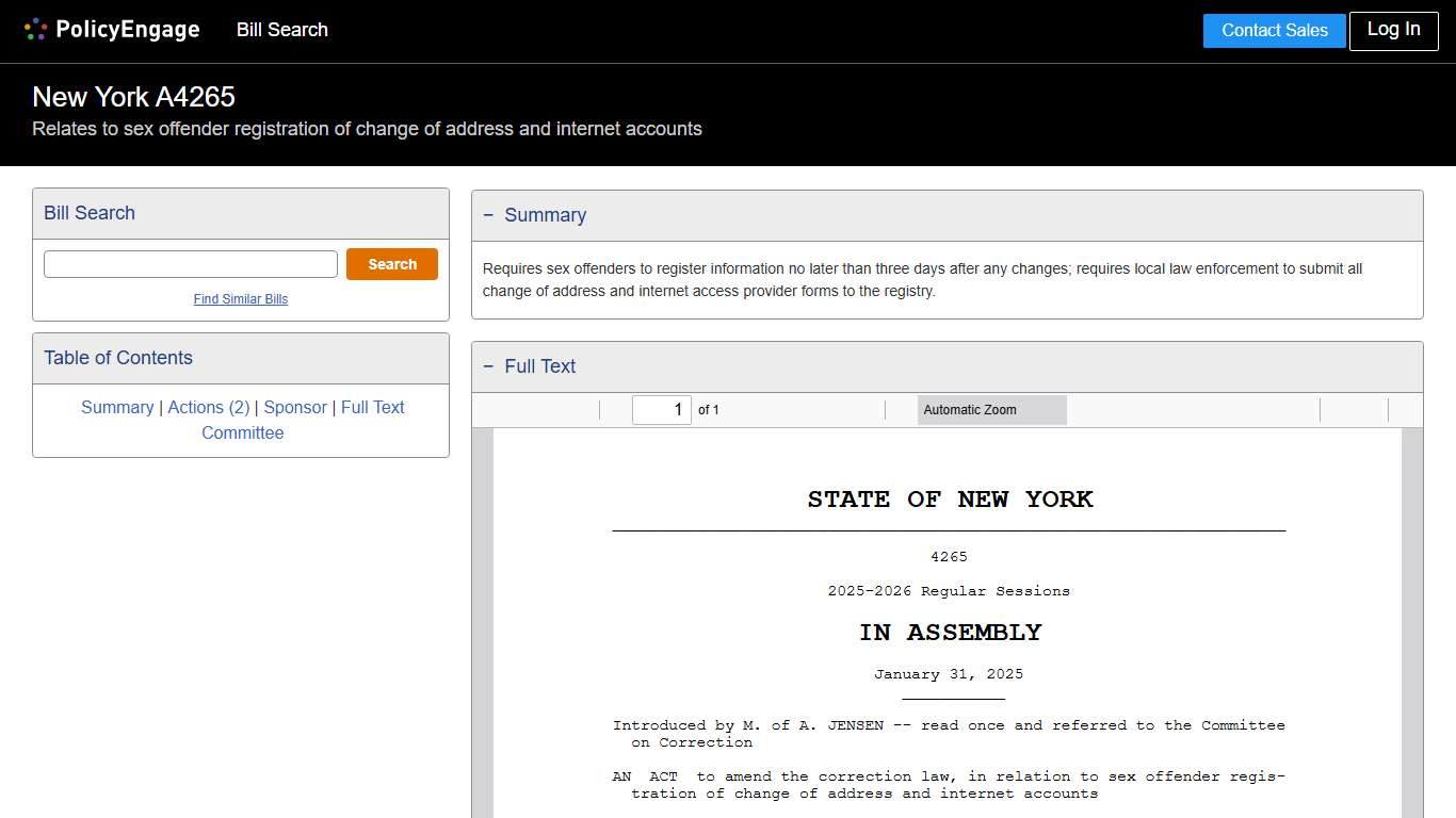 A4265 New York 2025-2026 Relates to sex offender registration of change of address and internet accounts - Legislative Tracking PolicyEngage