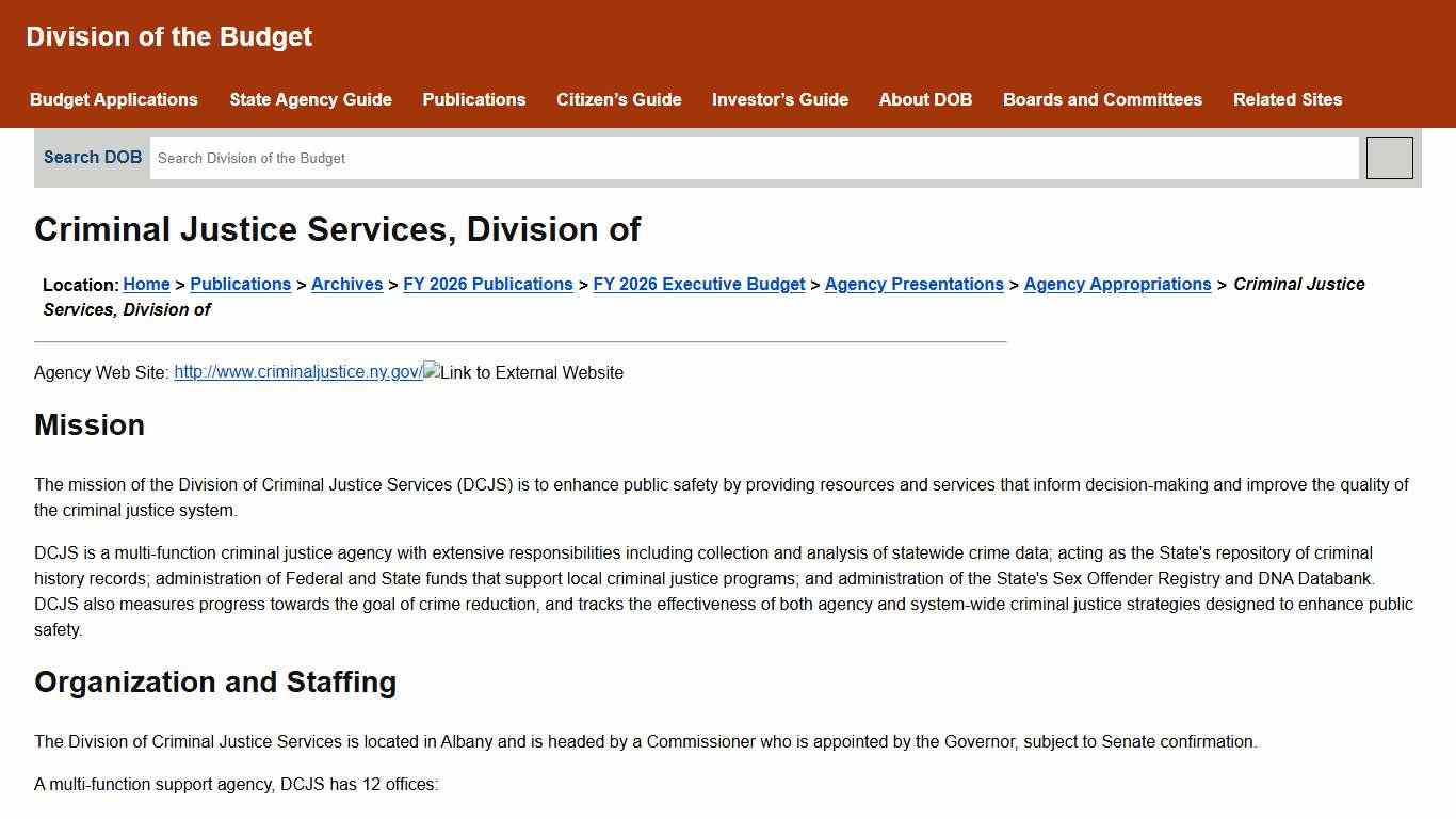 Criminal Justice Services, Division of Agency Appropriations FY 2026 NYS Executive Budget